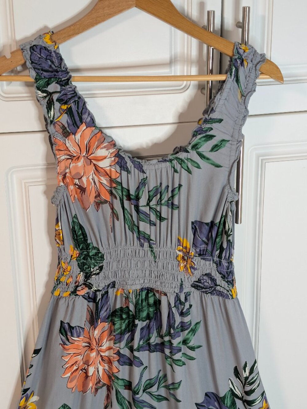 Patrons of Peace Gray Tropical Smocked Midi Maxi Dress M Boho Resort Beachy EUC - Picture 4 of 11